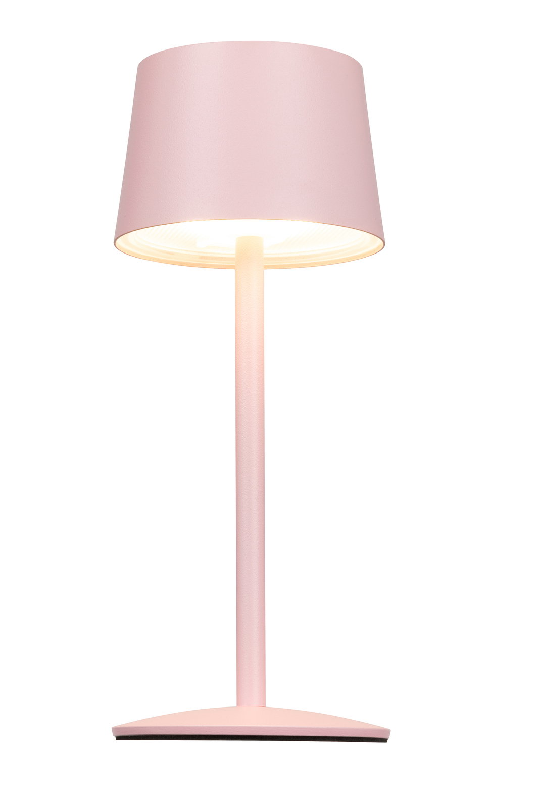 Rosa Akku-Tischleuchte in Seitenansicht mit modernem Design und zylindrischem Lampenschirm.