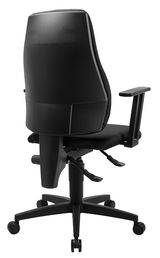 Rückansicht eines schwarzen Bürostuhls mit verstellbaren Armlehnen und Rollen.