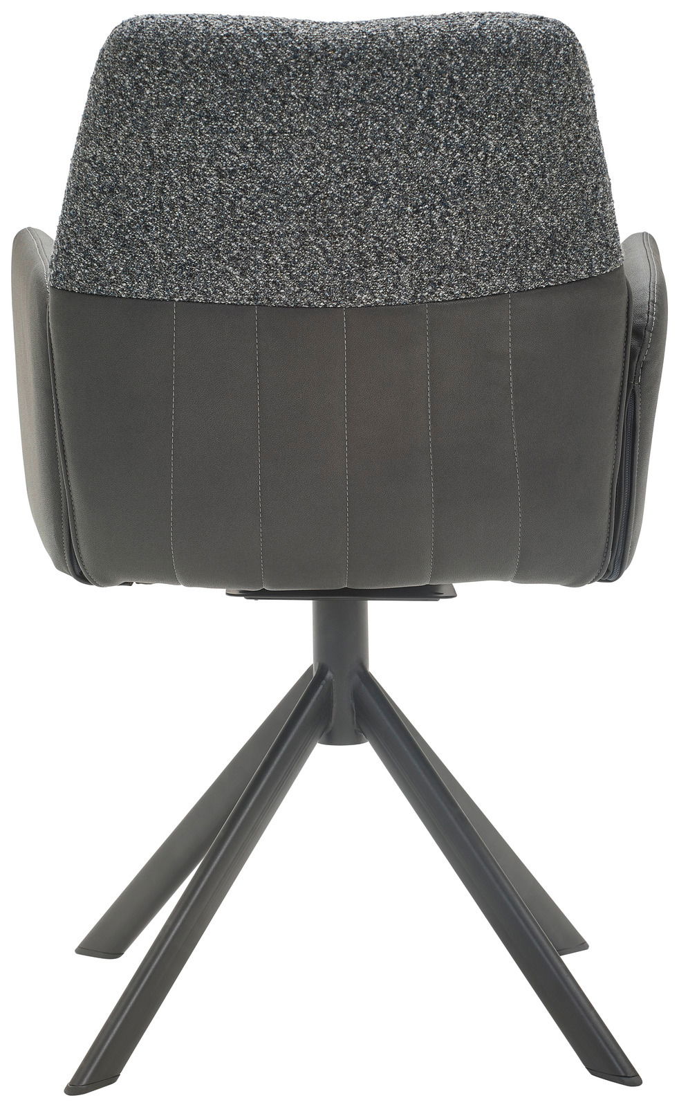 Valdera Armlehnstuhl CORDOBA Rückansicht eines Armlehnstuhls mit grauem Stoffbezug und schwarzem Metallgestell.