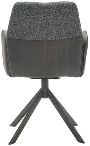 Rückansicht eines Armlehnstuhls mit grauem Stoffbezug und schwarzem Metallgestell.