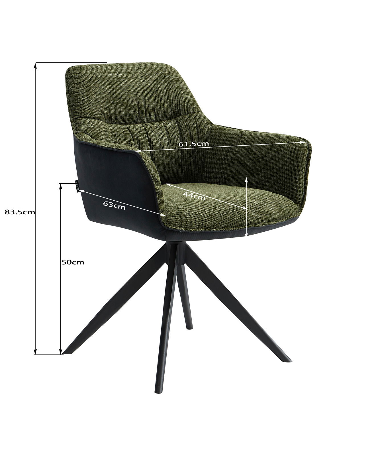 Moderner Sessel mit grünem Stoffbezug und schwarzen Metallbeinen, seitliche Perspektive