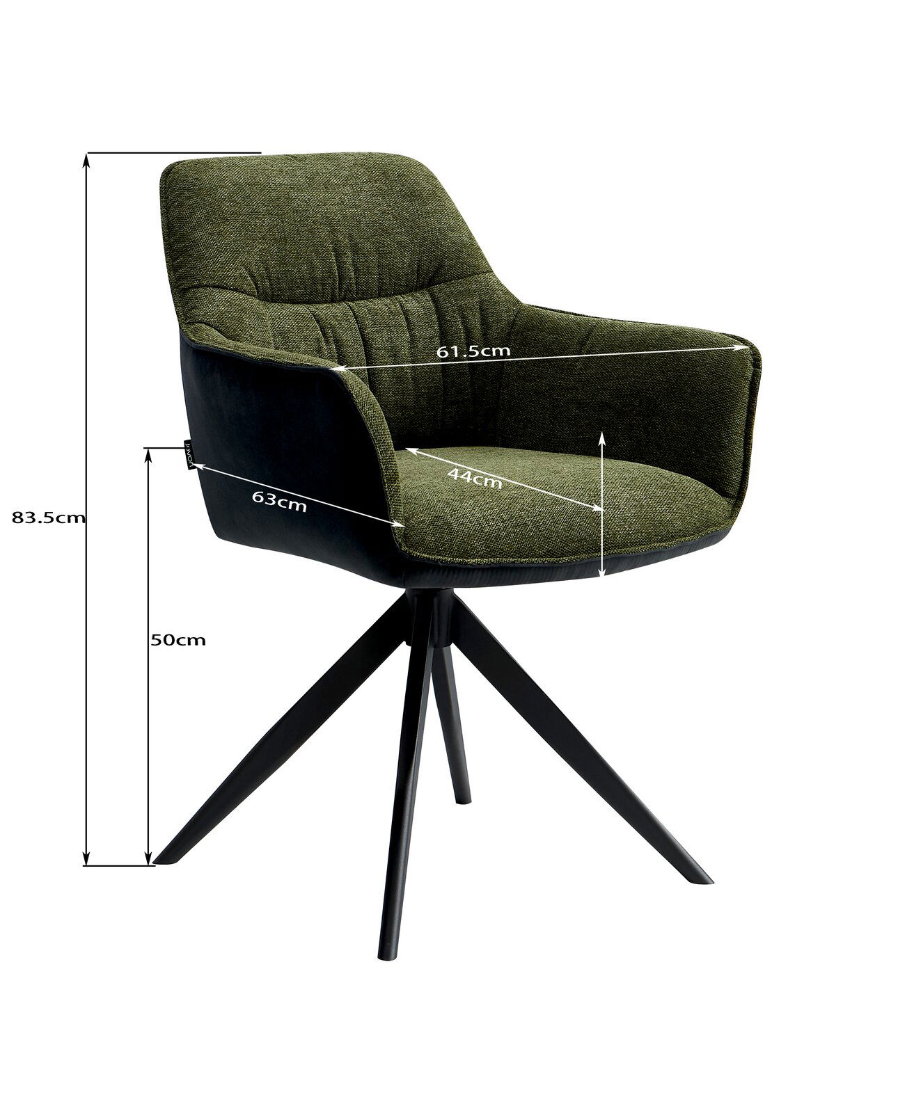 Moderner Sessel mit grünem Stoffbezug und schwarzen Metallbeinen, seitliche Perspektive