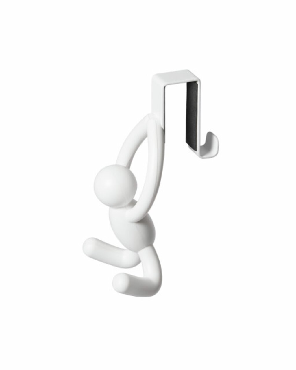Weißer Türhaken in Form einer Figur, die an einem Haken hängt, seitliche Perspektive.