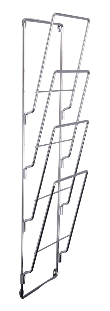 Metallisches Zeitungsregal mit mehreren Fächern, seitliche Perspektive