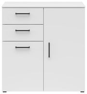 Weiße Kommode mit drei Schubladen und einer Tür, frontale Ansicht