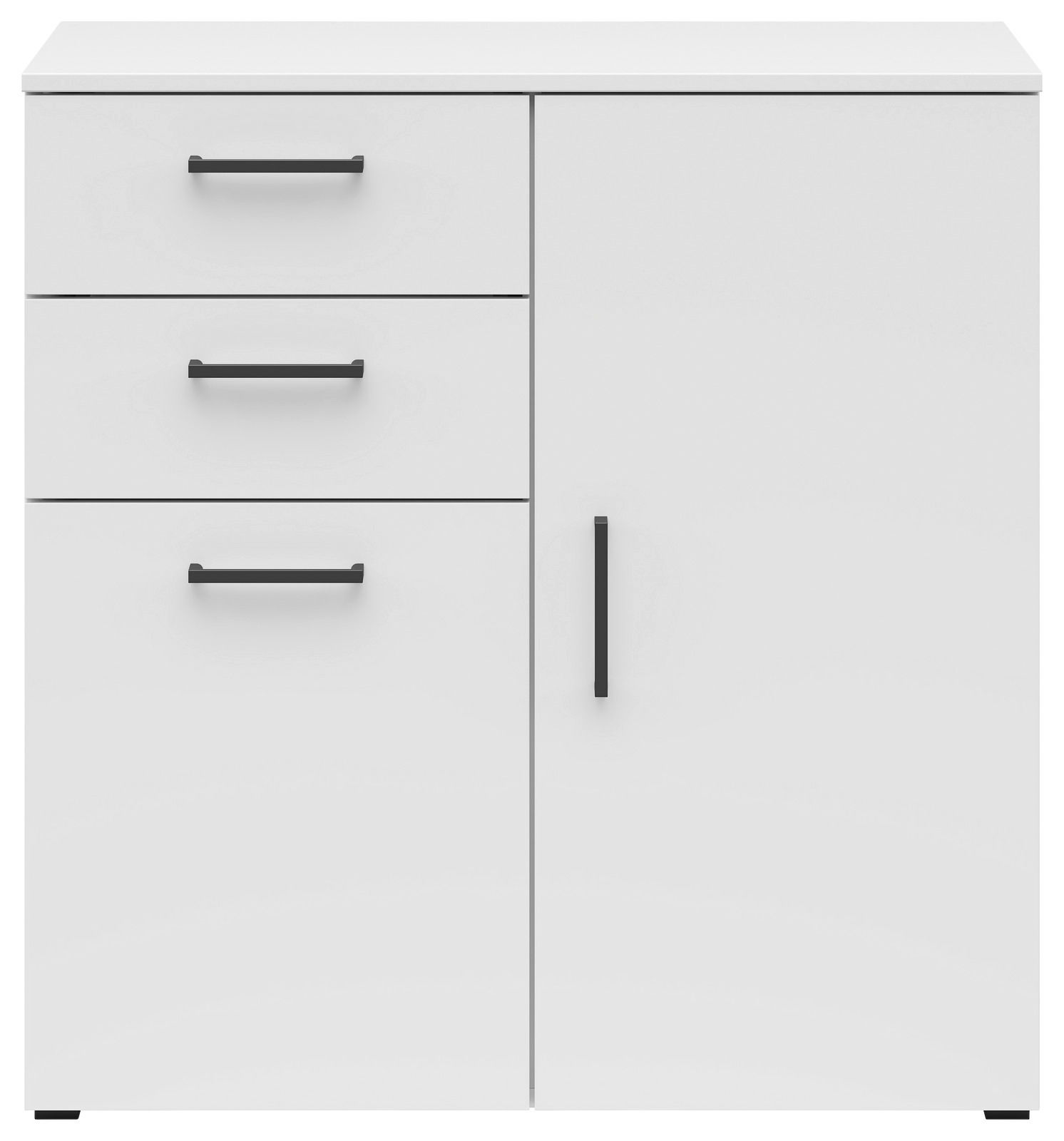 Weiße Kommode mit drei Schubladen und einer Tür, frontale Ansicht