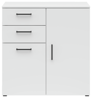 Weiße Kommode mit drei Schubladen und einer Tür, frontale Ansicht
