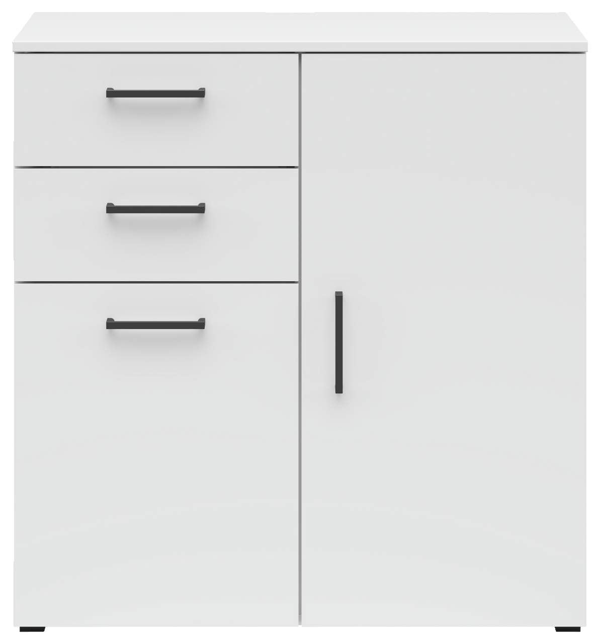 Weiße Kommode mit drei Schubladen und einer Tür, frontale Ansicht