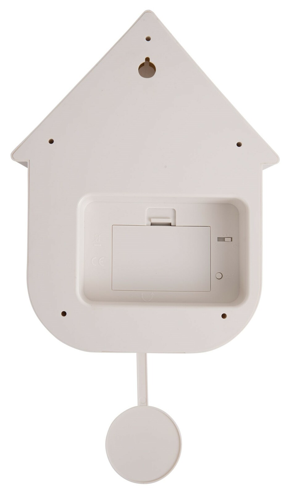 Rückansicht einer weißen Wanduhr in Form eines Hauses mit Batteriefach und Aufhängung.