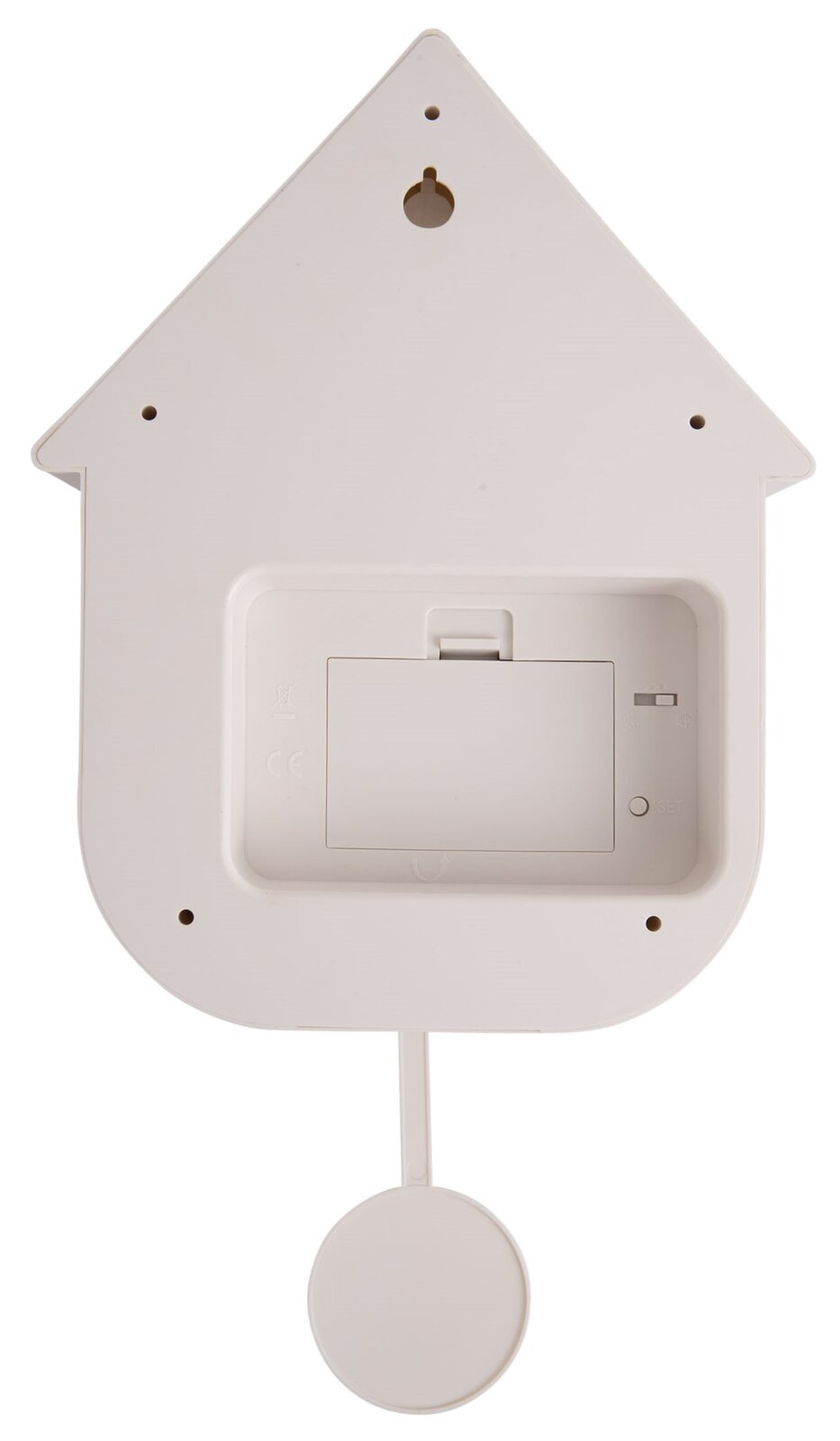 Rückansicht einer weißen Wanduhr in Form eines Hauses mit Batteriefach und Aufhängung.