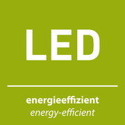 Grünes LED-Symbol mit der Aufschrift 'energieeffizient', Vorderansicht