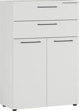 Weißer Aktenschrank mit drei Schubladen und zwei Türen, frontale Perspektive