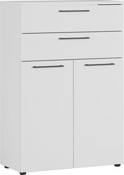 Weißer Aktenschrank mit drei Schubladen und zwei Türen, frontale Perspektive