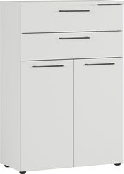 Weißer Aktenschrank mit drei Schubladen und zwei Türen, frontale Perspektive