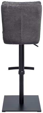 Rückansicht eines Barhockers mit grauem, geripptem Stoffbezug und schwarzem Metallgestell.