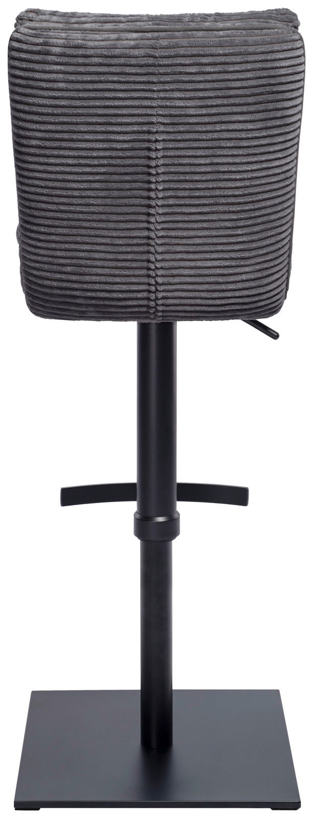 Rückansicht eines Barhockers mit grauem, geripptem Stoffbezug und schwarzem Metallgestell.