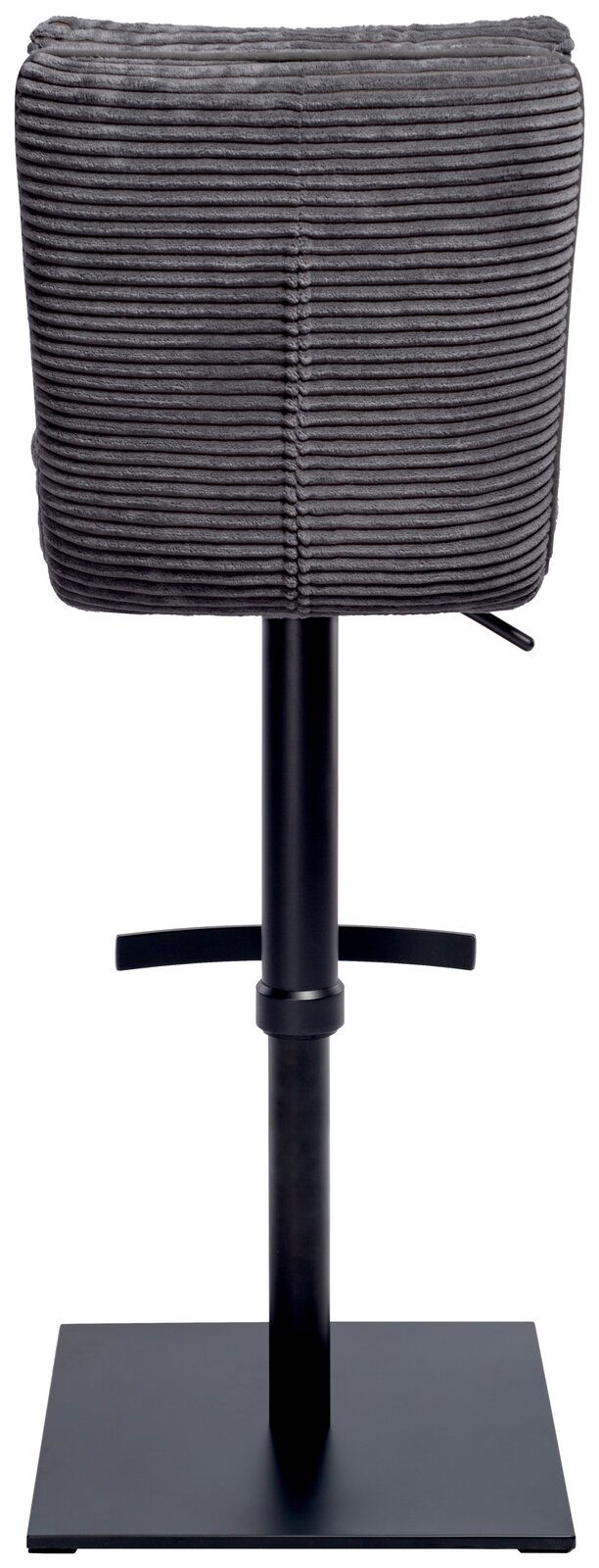 Rückansicht eines Barhockers mit grauem, geripptem Stoffbezug und schwarzem Metallgestell.