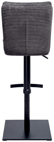 Rückansicht eines Barhockers mit grauem, geripptem Stoffbezug und schwarzem Metallgestell.