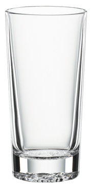 Ein einzelnes, transparentes Longdrinkglas aus Glas, frontal fotografiert.