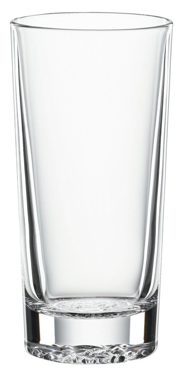 Ein einzelnes, transparentes Longdrinkglas aus Glas, frontal fotografiert.