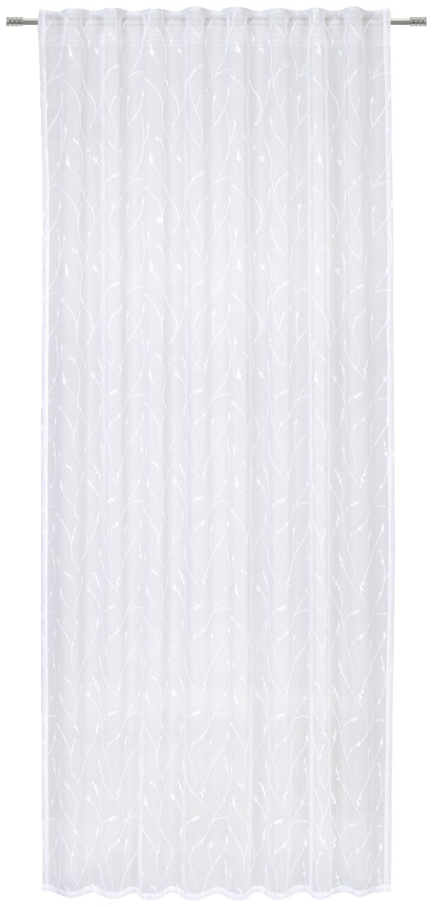 Weißer Fertigvorhang mit dezentem Muster, frontal aufgenommen