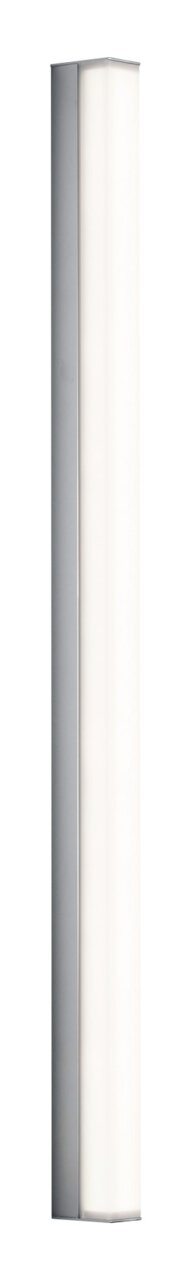 Moderne wandlamp LADO-S in verticaal perspectief, met een slank, rechthoekig ontwerp en een zilveren frame.