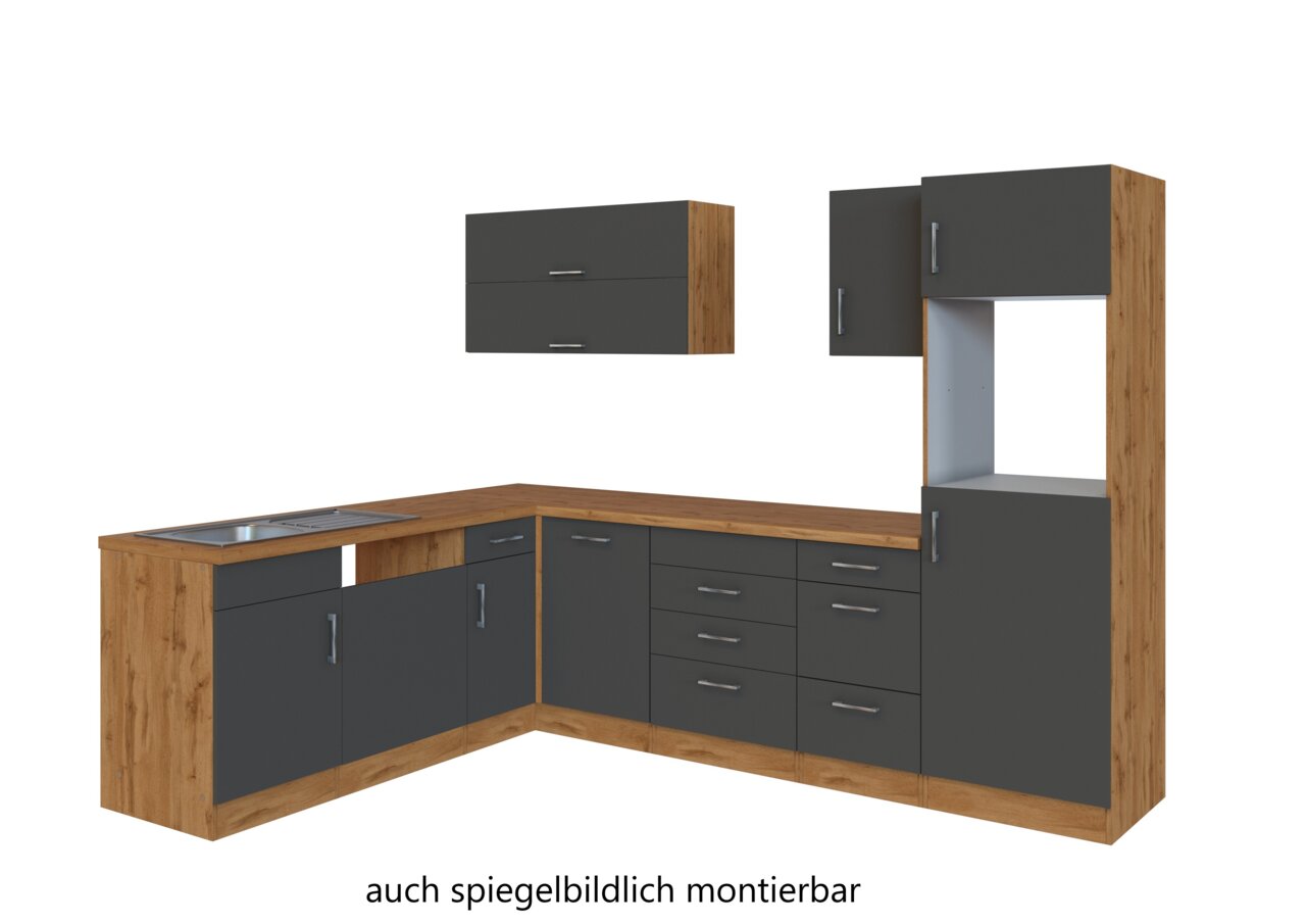 Eck-Küchenzeile in Holzoptik mit grauen Fronten, bestehend aus Unterschränken, Hängeschränken und einem Hochschrank, perspektivisch von vorne links betrachtet.