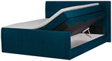 Boxspringbett 160 in Petrol mit geöffneter Bettkastenfunktion, seitliche Perspektive