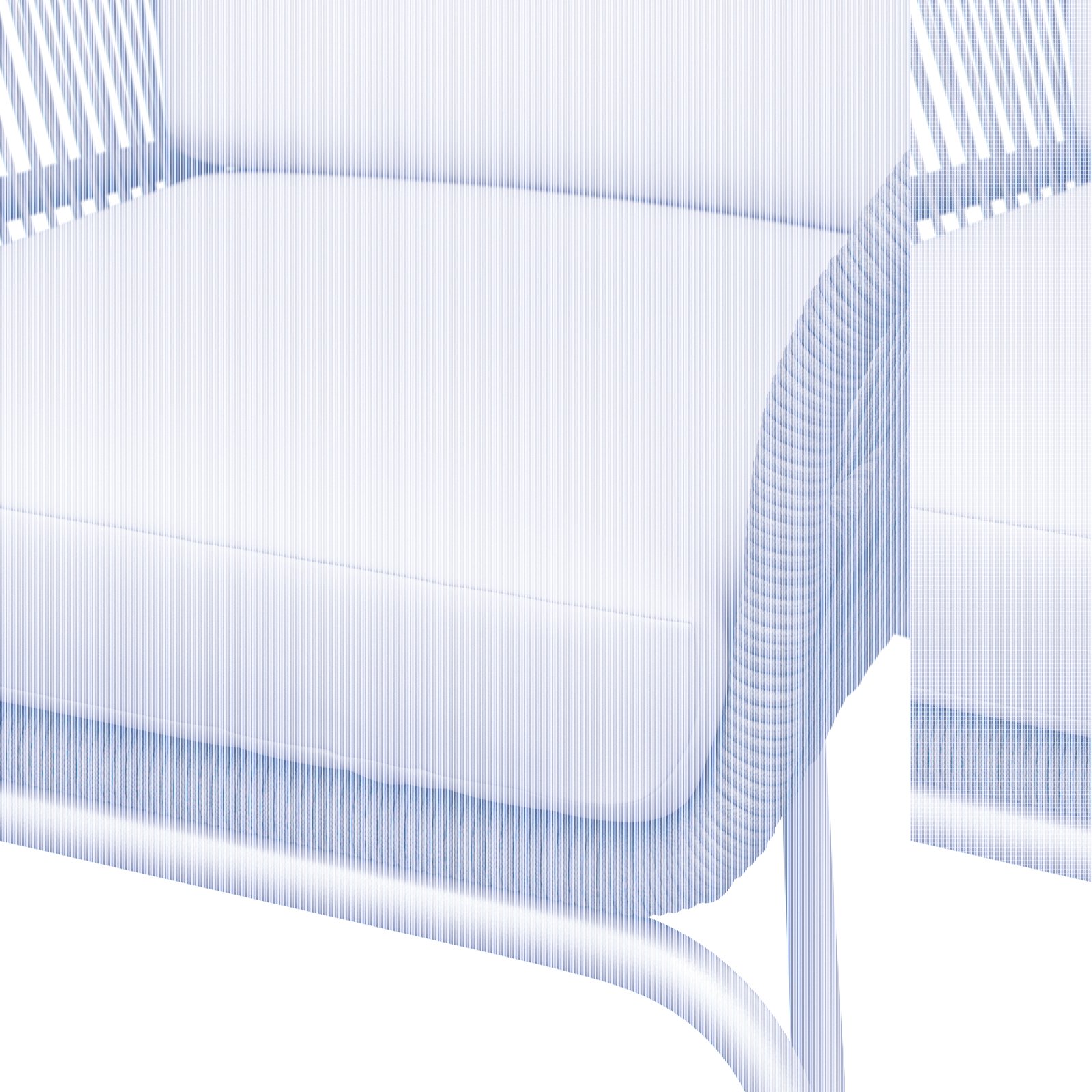 Nahaufnahme eines Relaxsessels mit hellgrauem Kissen und geflochtenem Seilrahmen, seitliche Perspektive.