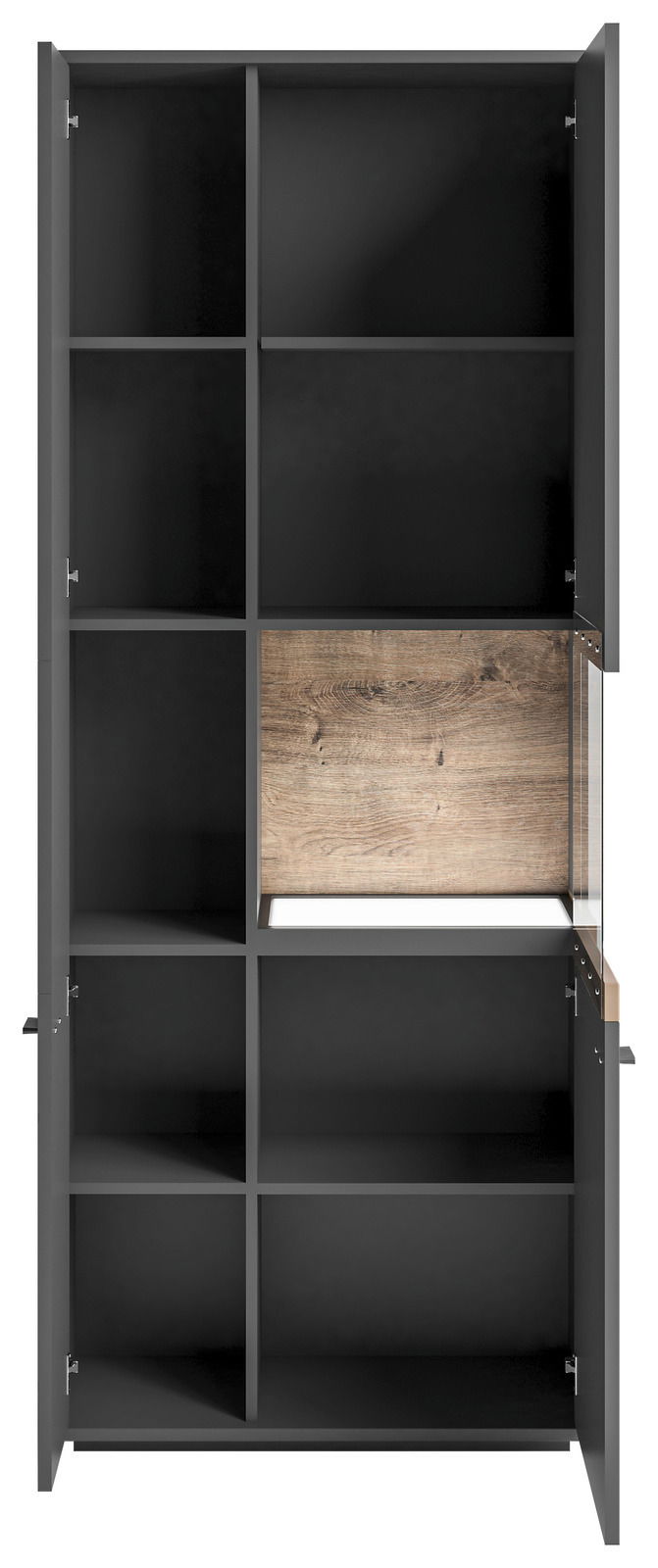 Vitrine mit Glasausschnitt rechts, Set One by Musterring, Modell Lancaster, frontal betrachtet. Die Vitrine hat mehrere Fächer und eine Holzakzentwand im Glasausschnitt.