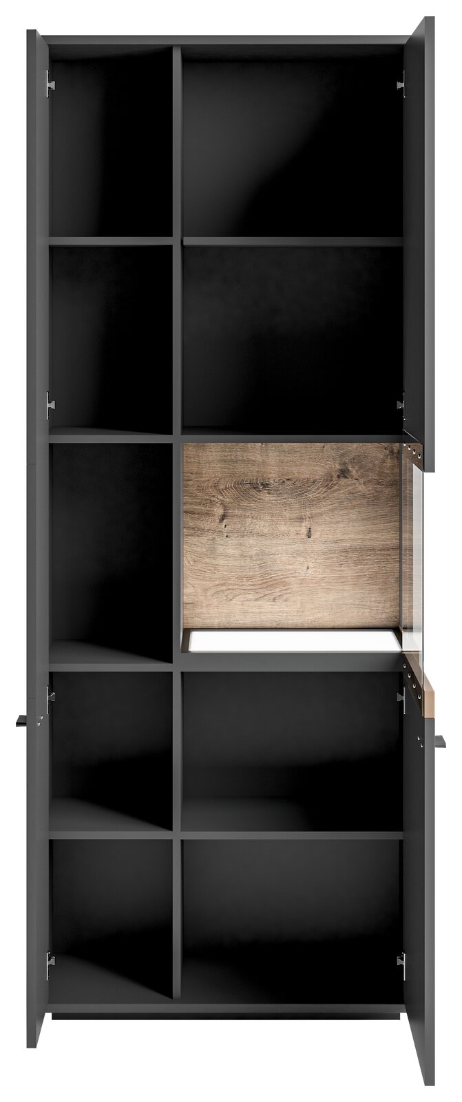 Vitrine mit Glasausschnitt rechts, Set One by Musterring, Modell Lancaster, frontal betrachtet. Die Vitrine hat mehrere Fächer und eine Holzakzentwand im Glasausschnitt.