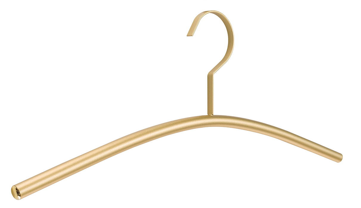 Goldener Garderobenbügel aus Metall, seitliche Perspektive