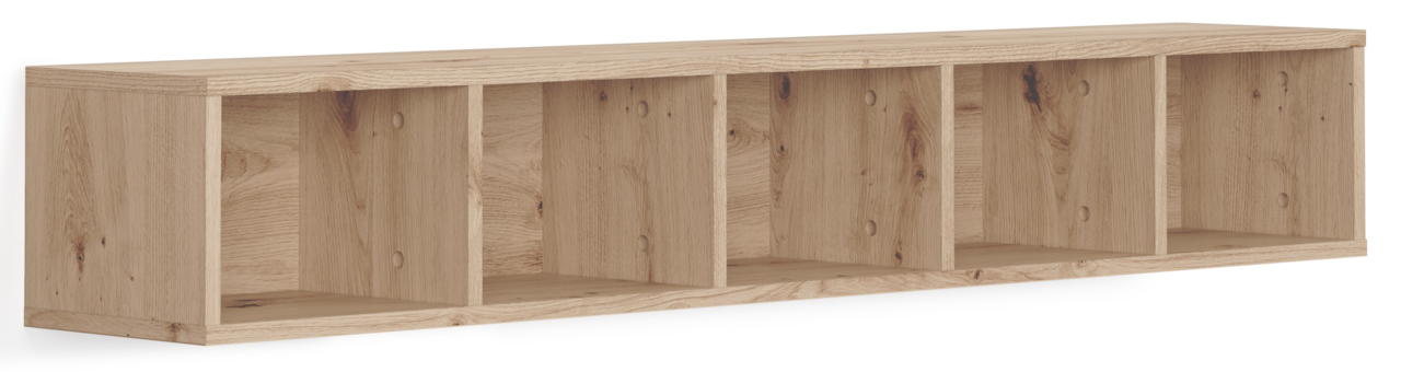 Hängeregal aus Holz mit fünf offenen Fächern, seitliche Perspektive