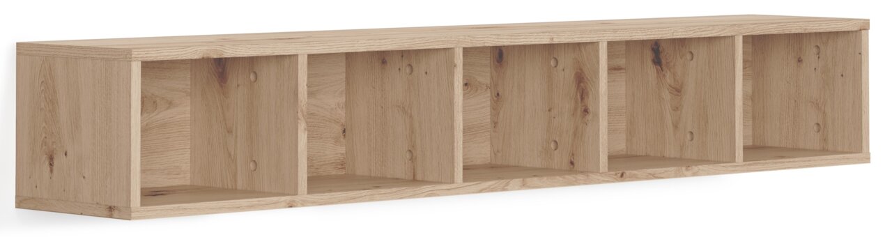 Hängeregal aus Holz mit fünf offenen Fächern, seitliche Perspektive