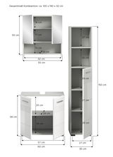 Badkombination bestehend aus einem Hängeschrank mit Spiegeltüren, einem Hochschrank mit mehreren Fächern und einem Unterschrank mit Türen, Gesamtmaße ca. 105 x 190 x 32 cm, Frontalansicht.