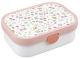 Lunchbox mit Blumenmuster, rosa Deckel und seitlicher Verschluss, Perspektive von schräg oben