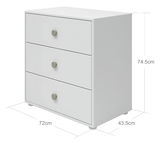 Weiße Kommode mit drei Schubladen, seitliche Perspektive, Maße: 72 cm Breite, 43,5 cm Tiefe, 74,5 cm Höhe