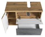 Waschbeckenunterschrank aus Holz mit geöffneter Tür und Schublade, Ansicht von oben