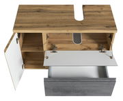 Waschbeckenunterschrank aus Holz mit geöffneter Tür und Schublade, Ansicht von oben