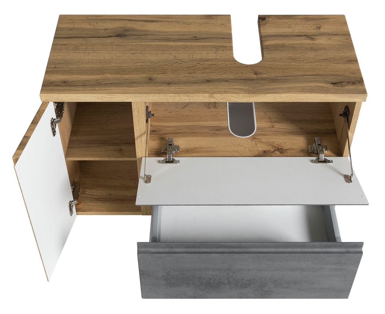 Waschbeckenunterschrank aus Holz mit geöffneter Tür und Schublade, Ansicht von oben