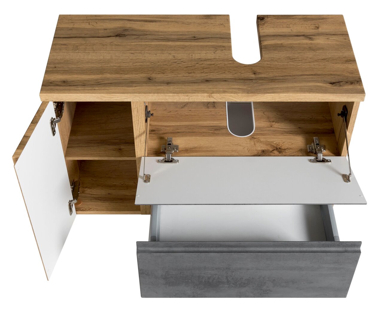 Waschbeckenunterschrank aus Holz mit geöffneter Tür und Schublade, Ansicht von oben