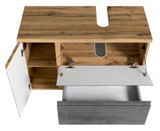 Waschbeckenunterschrank aus Holz mit geöffneter Tür und Schublade, Ansicht von oben