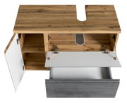 Waschbeckenunterschrank aus Holz mit geöffneter Tür und Schublade, Ansicht von oben