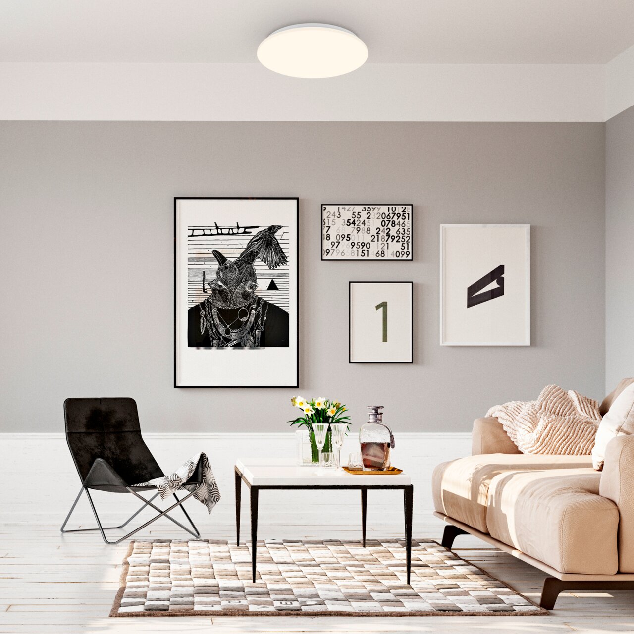 Moderne led-plafondlamp met sensor in een stijlvol ingerichte woonkamer, van onderaf gezien.