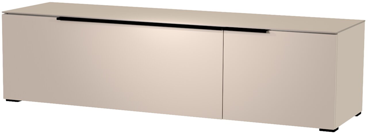 Modernes TV-Lowboard in Beige mit zwei Türen, seitliche Perspektive