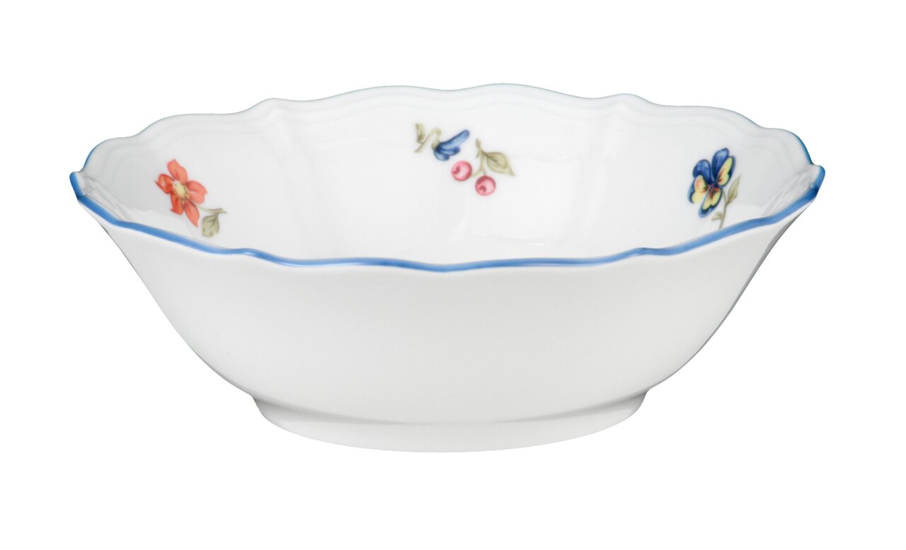 Elegante Dessertschale Sonate 15cm mit floralem Muster und blauer Umrandung, seitliche Perspektive