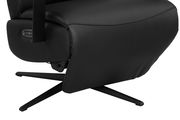 Nahaufnahme eines schwarzen Relaxsessels mit modernem Design und Drehfuß, seitliche Perspektive