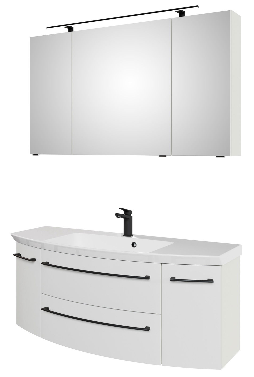 Sadena Badkombination 3-tlg. PLAKA Moderne Badkombination mit dreiteiligem Spiegelschrank und Waschbeckenunterschrank in Weiß, Frontansicht