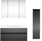 Moderne Badkombination mit Spiegelschrank, Waschbeckenunterschrank und hohem Seitenschrank in Frontansicht