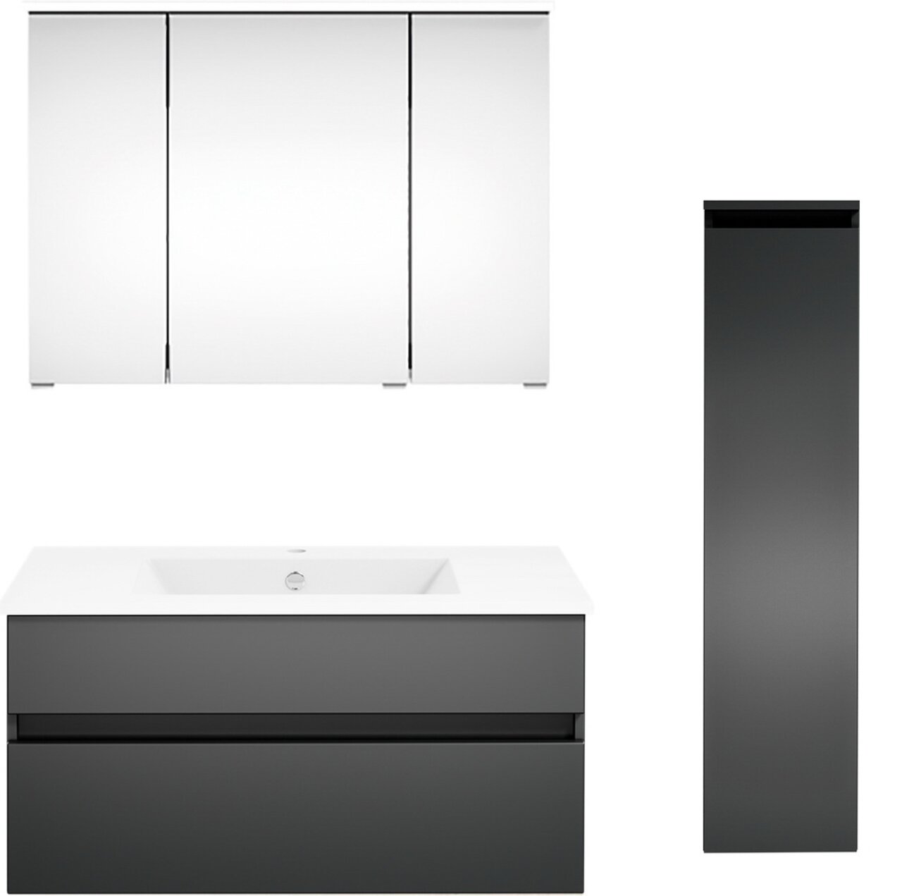 Moderne Badkombination mit Spiegelschrank, Waschbeckenunterschrank und hohem Seitenschrank in Frontansicht